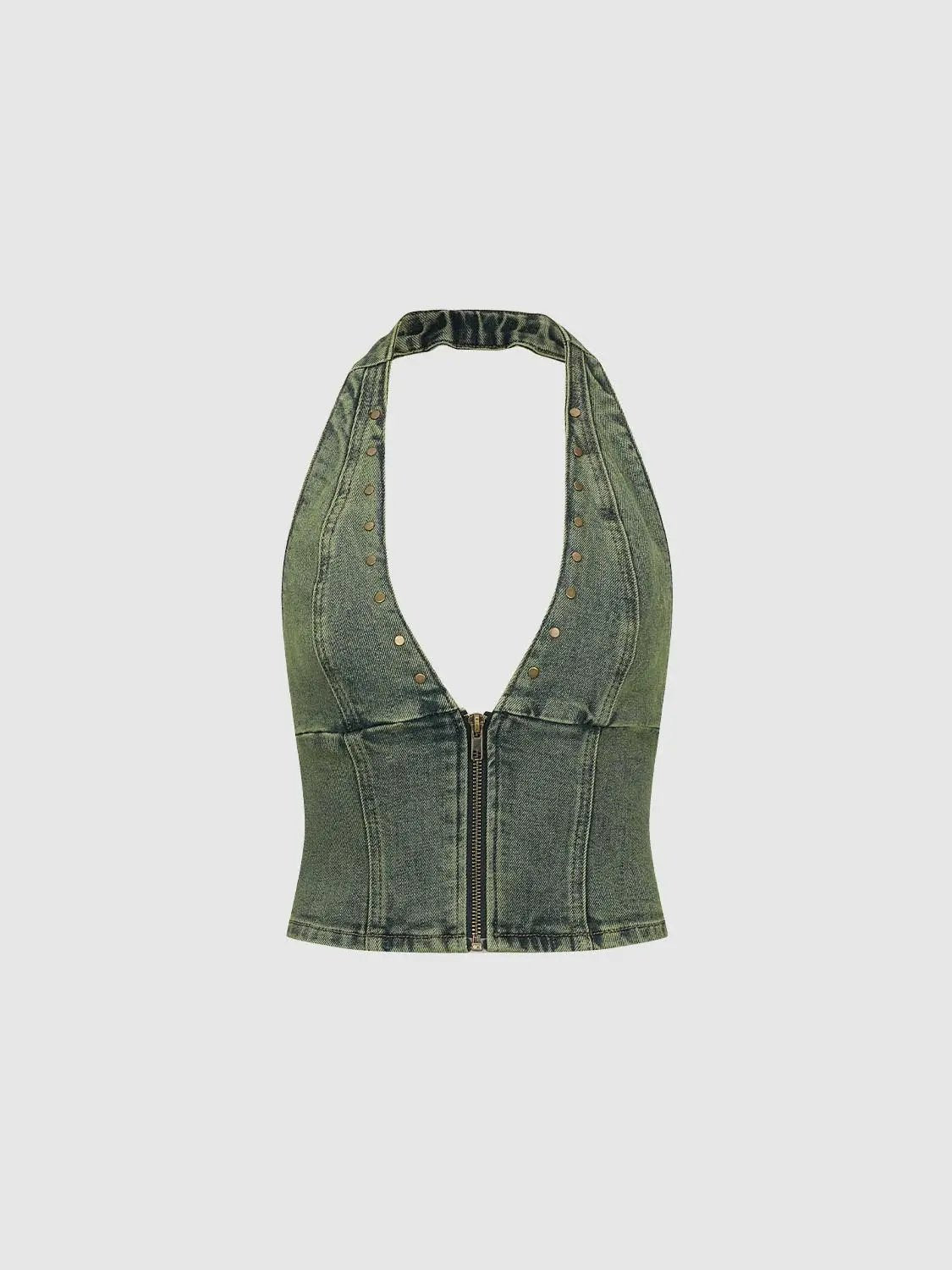 Cropped Studded Halter Zip Cotton Denim Shirt