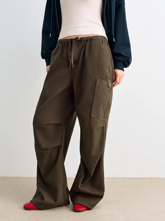 Panelled Wide-leg Drawstring Waist Cotton Cargo Pants