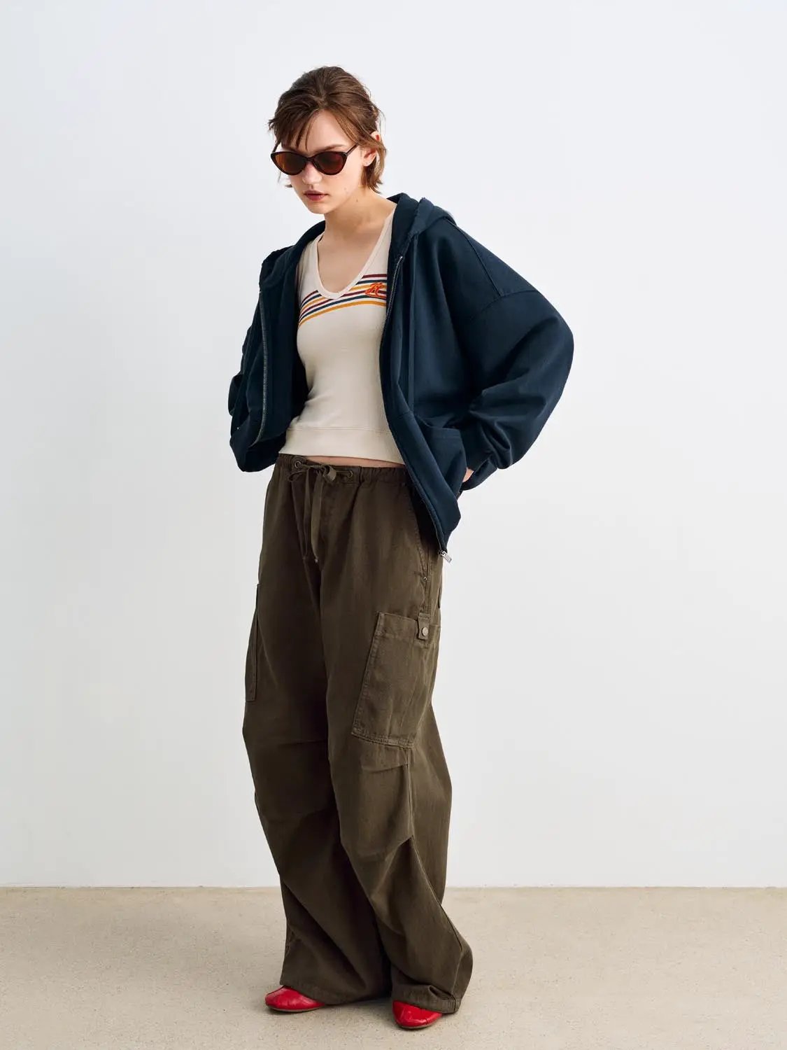 Panelled Wide-leg Drawstring Waist Cotton Cargo Pants