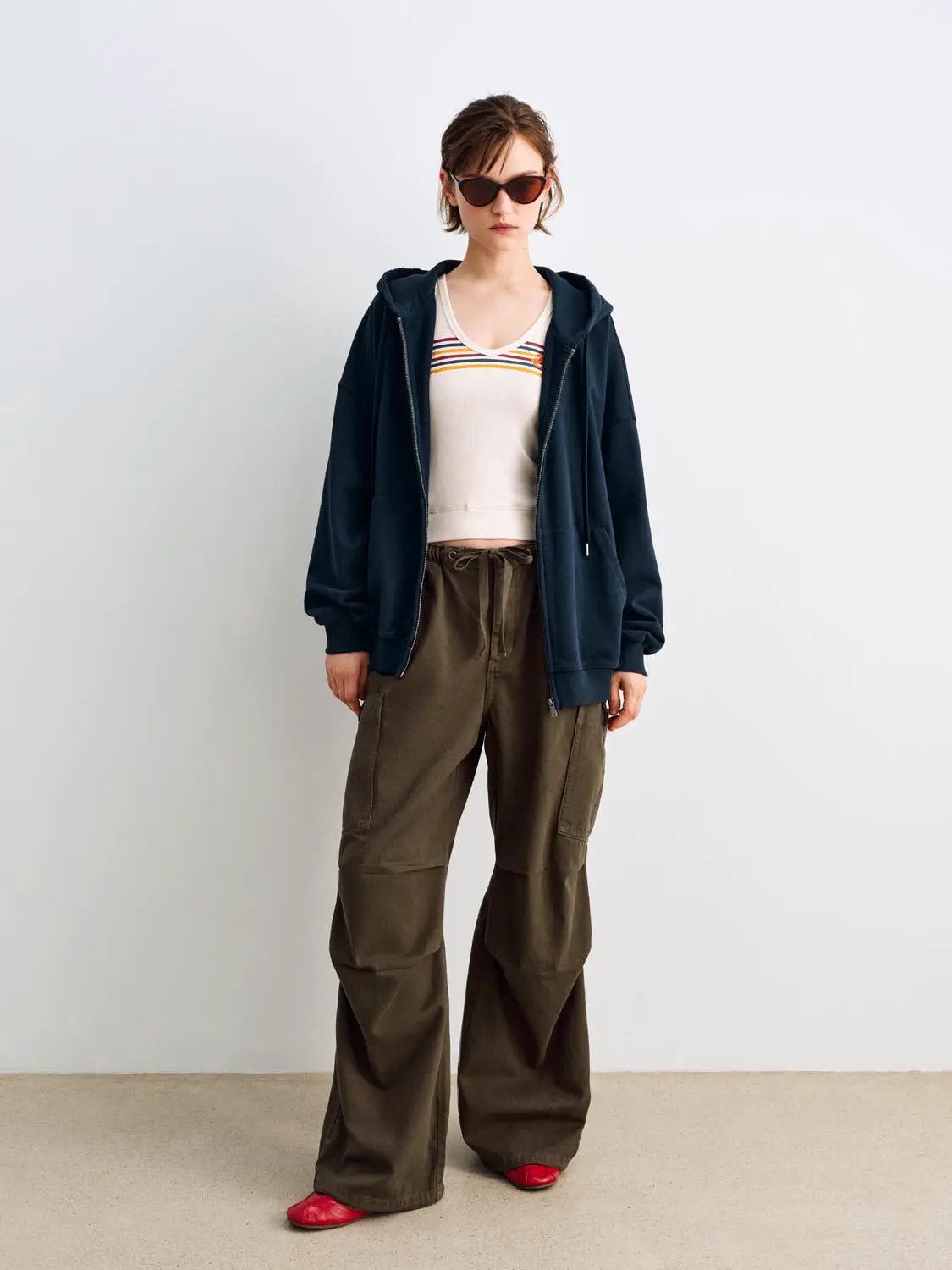 Panelled Wide-leg Drawstring Waist Cotton Cargo Pants