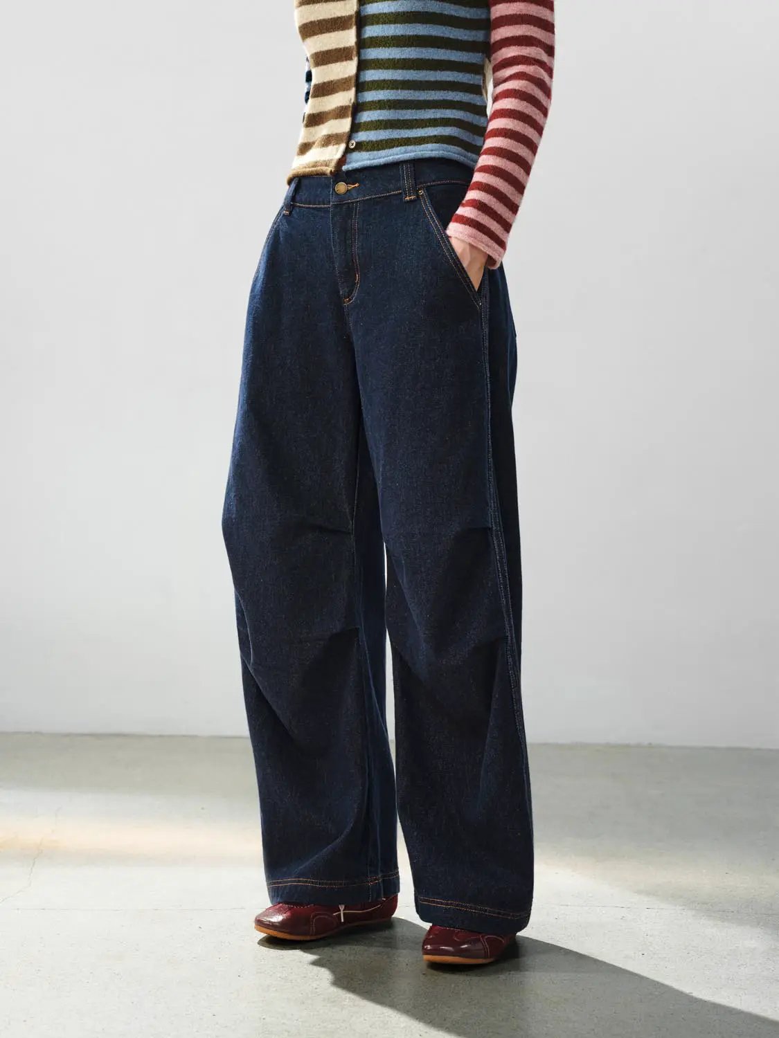 Medium Thickness Paneled Wide-leg Cotton Jeans