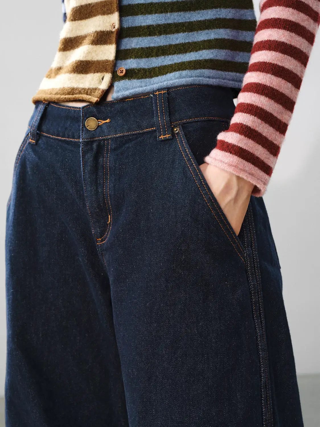 Medium Thickness Paneled Wide-leg Cotton Jeans