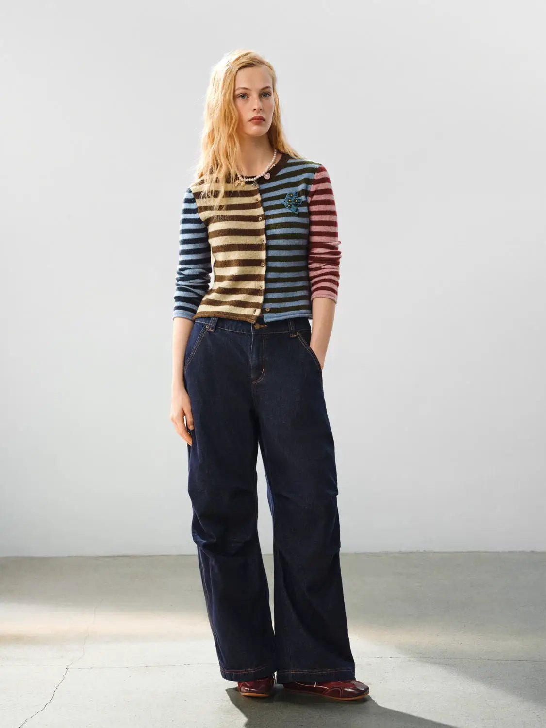 Medium Thickness Paneled Wide-leg Cotton Jeans