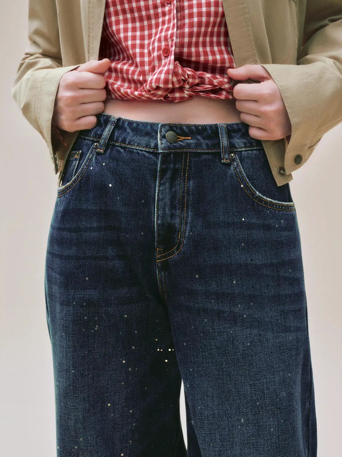 Wash Printed High-waisted Wide-leg Cotton Jeans