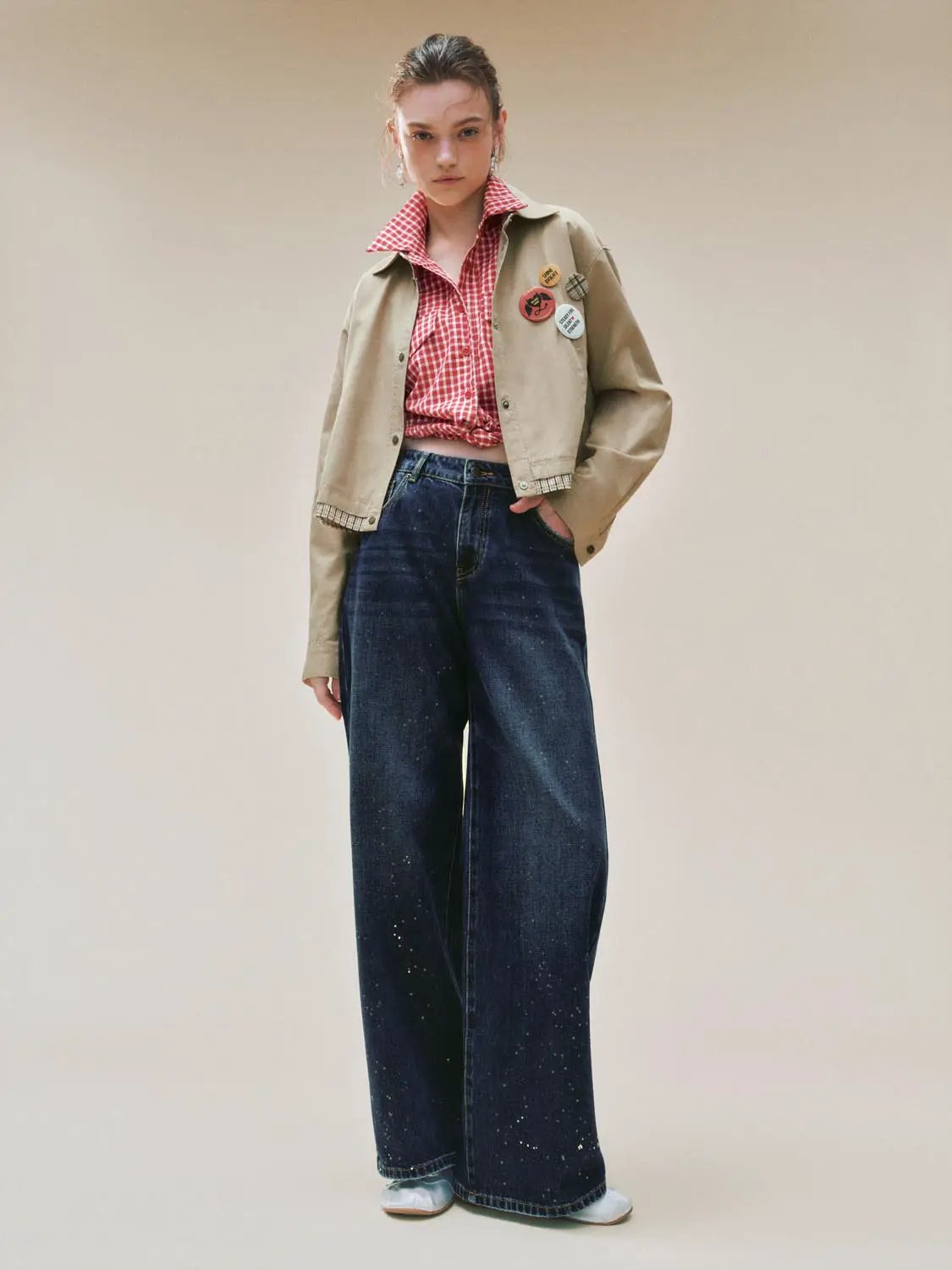 Wash Printed High-waisted Wide-leg Cotton Jeans