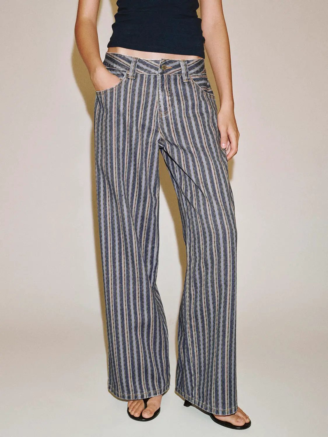 Medium Weight Striped Cotton Wide-leg Pants