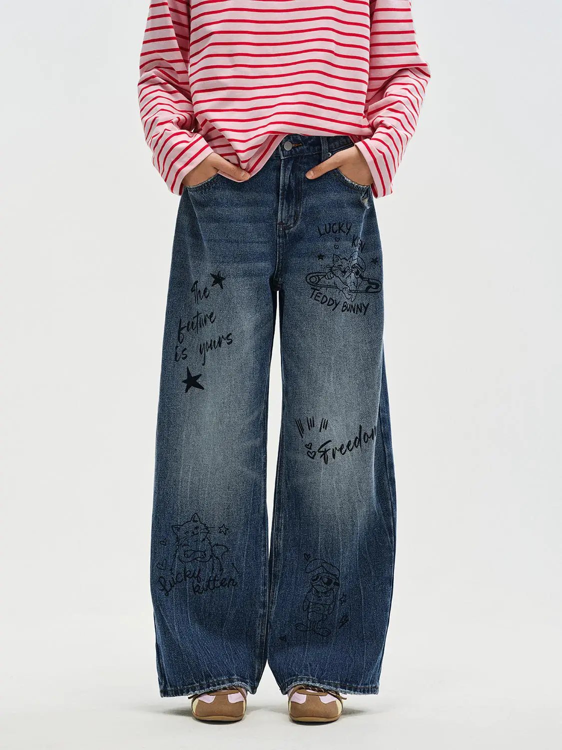 Graphic Print High-waisted Wide-leg Cotton Jeans