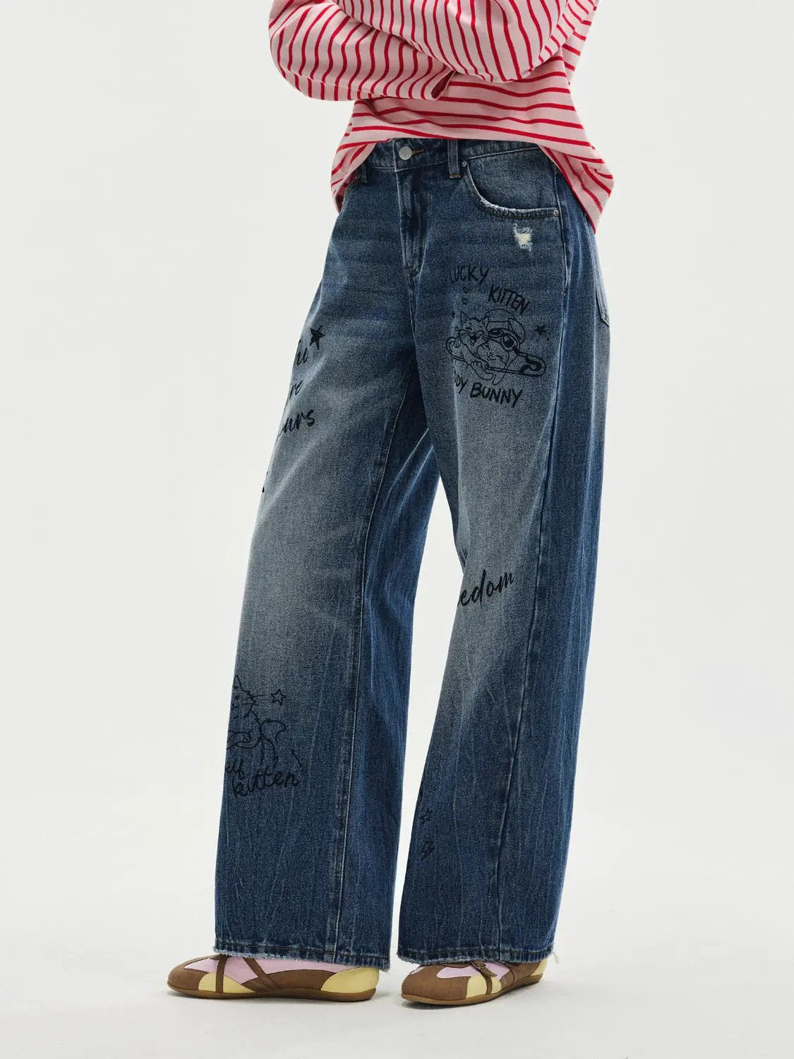 Graphic Print High-waisted Wide-leg Cotton Jeans