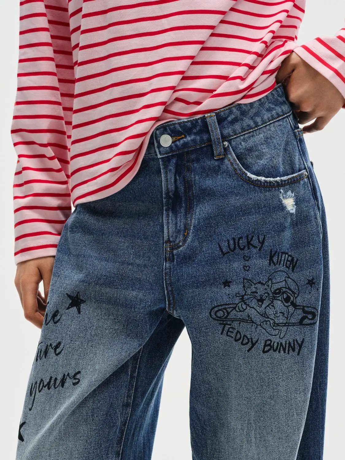 Graphic Print High-waisted Wide-leg Cotton Jeans