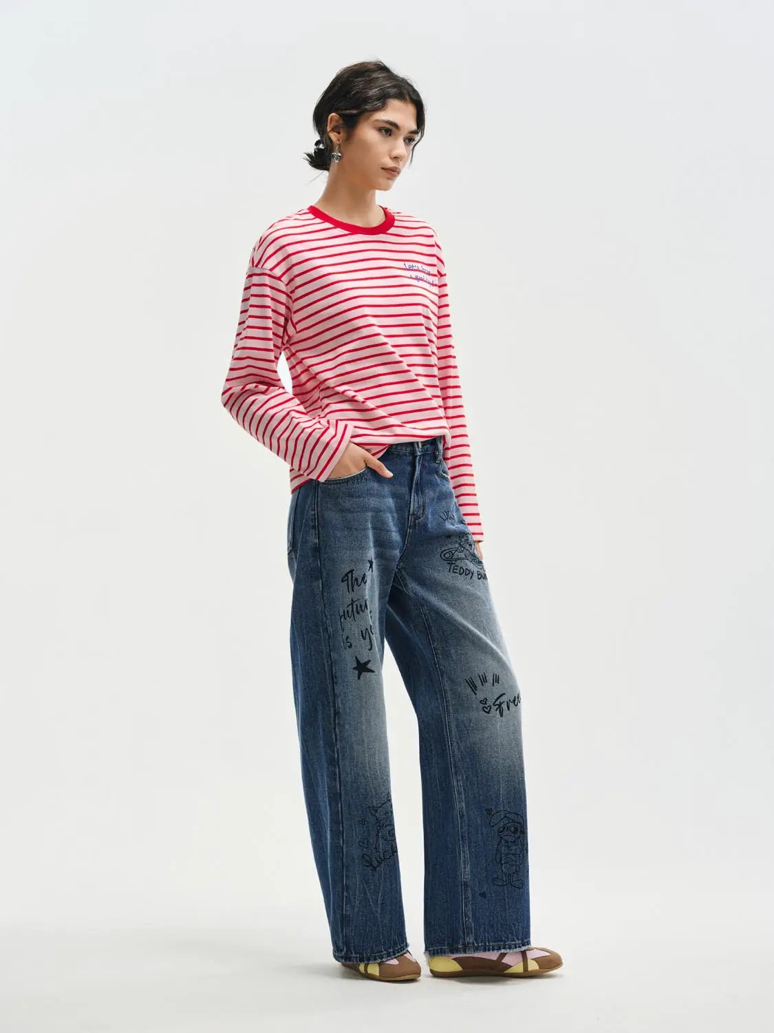 Graphic Print High-waisted Wide-leg Cotton Jeans
