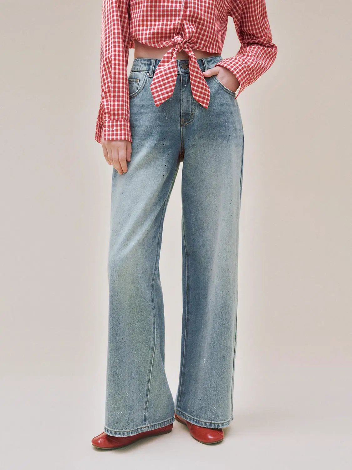 Light Wash High-waisted Wide-leg Cotton Jeans