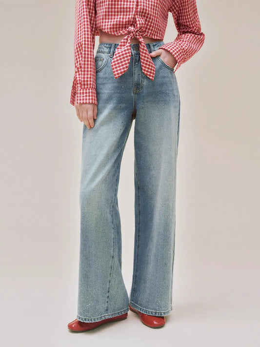 Light Wash High-waisted Wide-leg Cotton Jeans