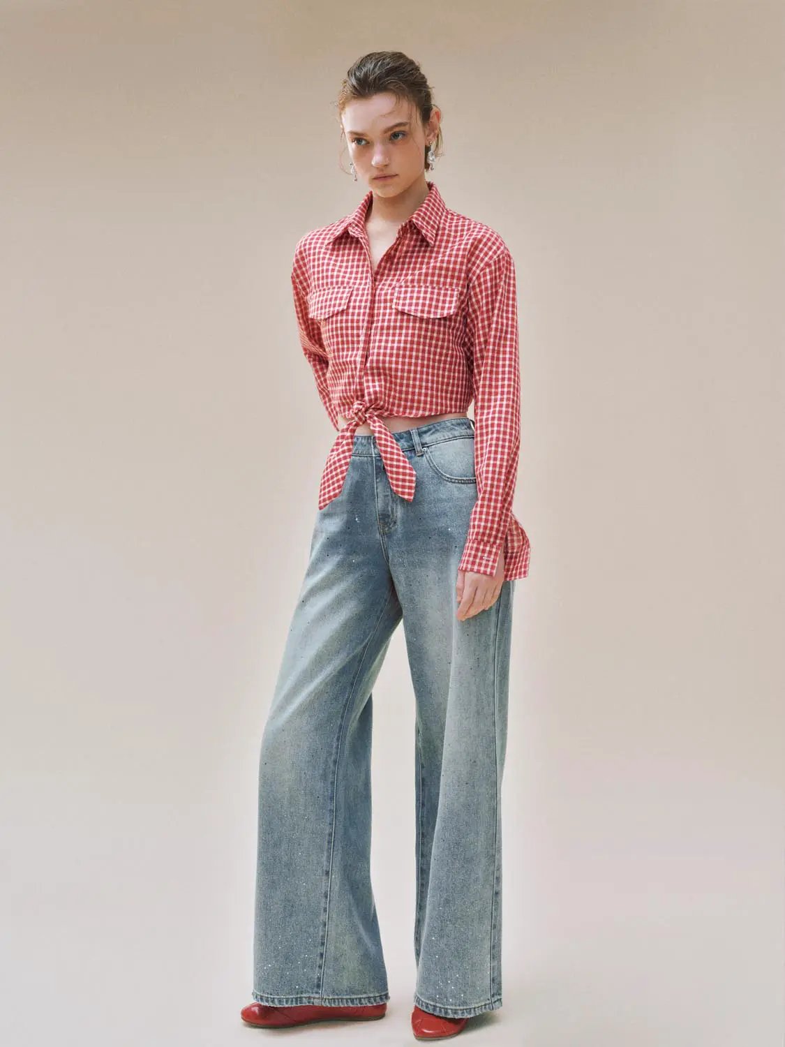 Light Wash High-waisted Wide-leg Cotton Jeans