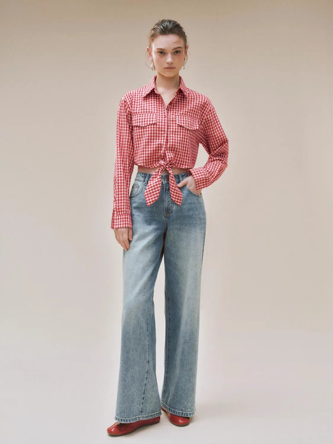 Light Wash High-waisted Wide-leg Cotton Jeans