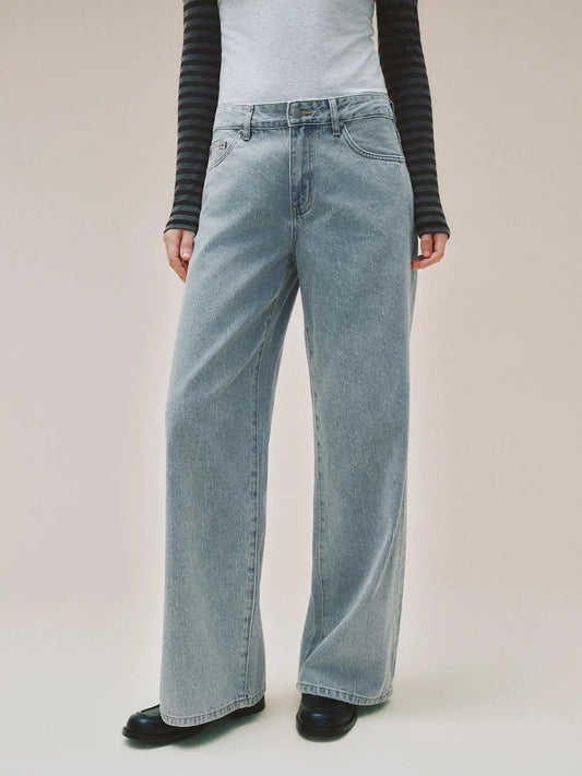 Light Wash Textured Wide-leg Mid-rise Cotton Jeans