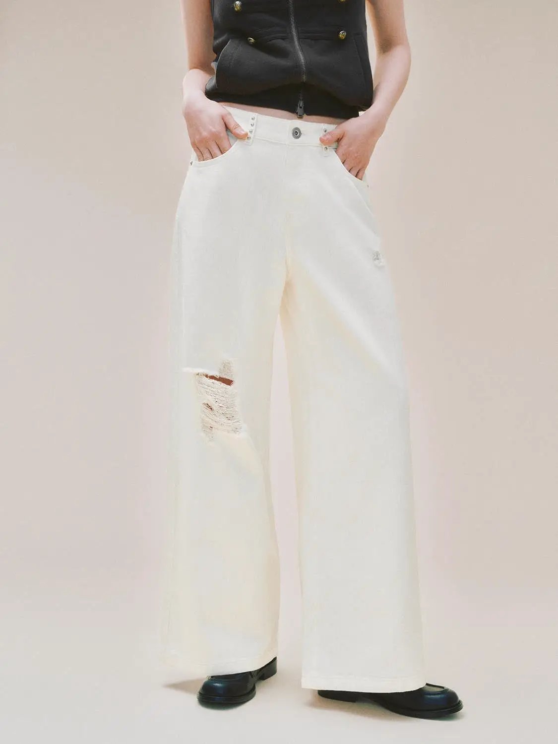 Low-rise Distressed Ripped Cotton Wide-leg Pants