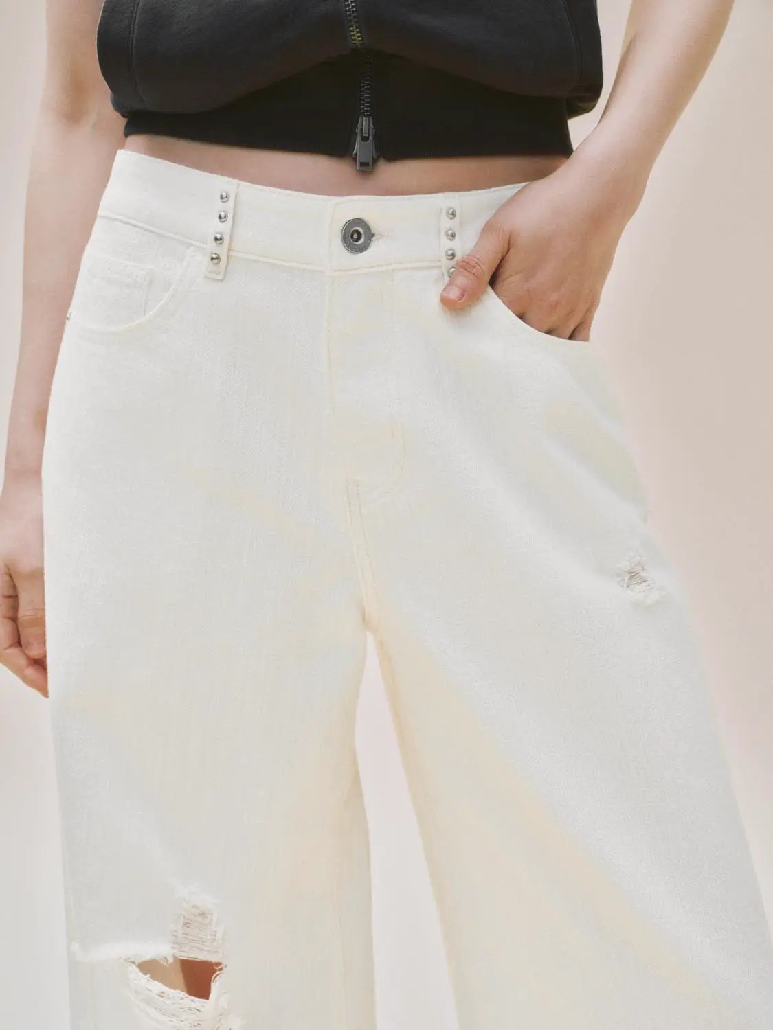 Low-rise Distressed Ripped Cotton Wide-leg Pants