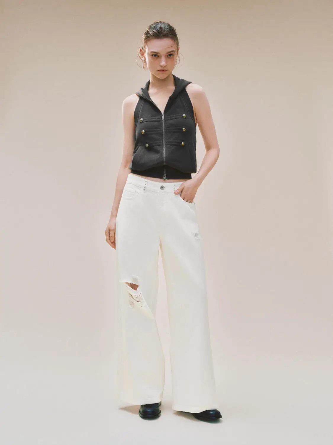 Low-rise Distressed Ripped Cotton Wide-leg Pants