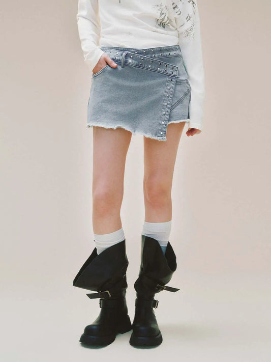 Asymmetric Wrap Studded Frayed Cotton Skirt