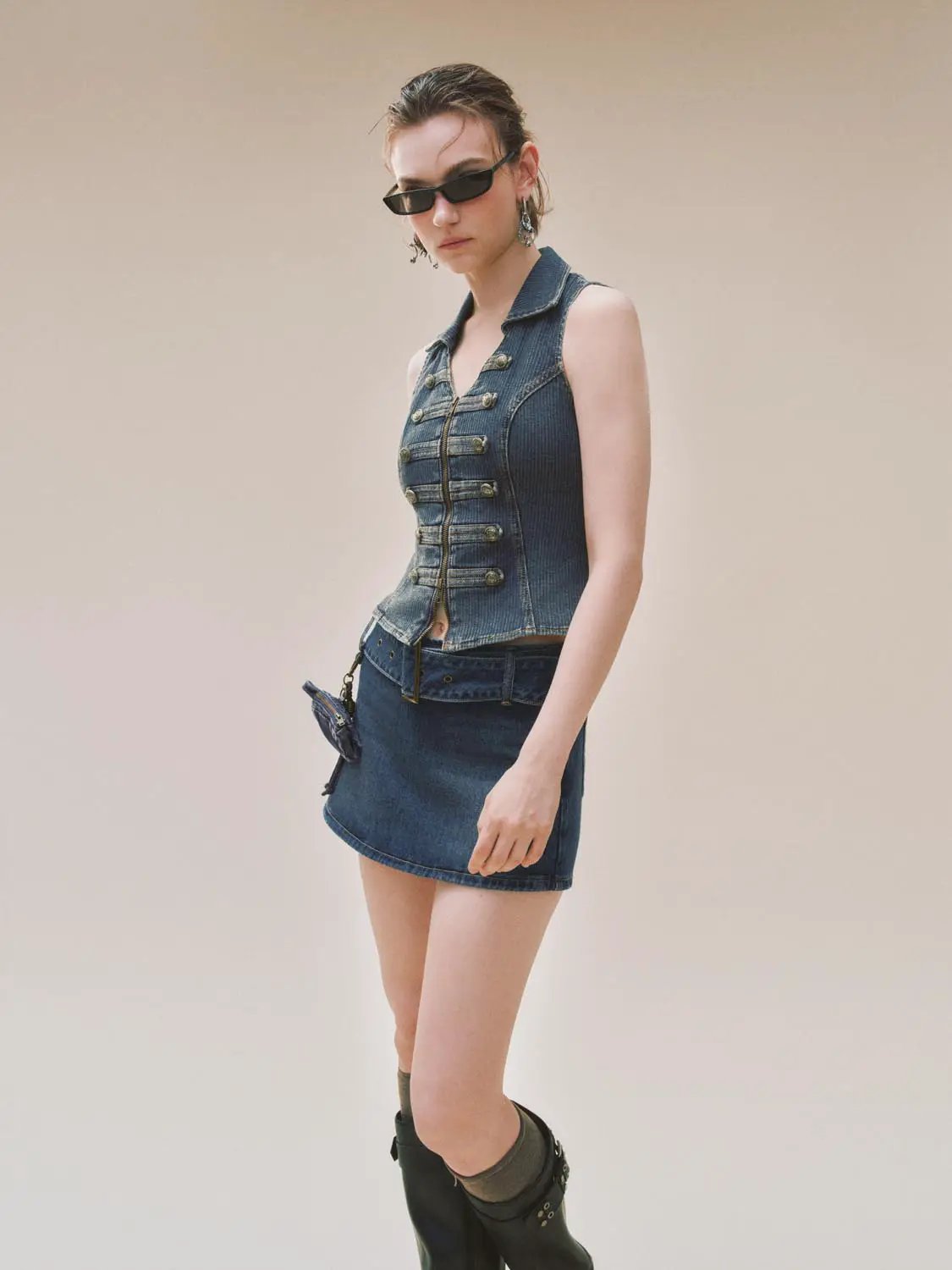 Fitted Zip Front Button Trim Shirt Collar Denim Vest