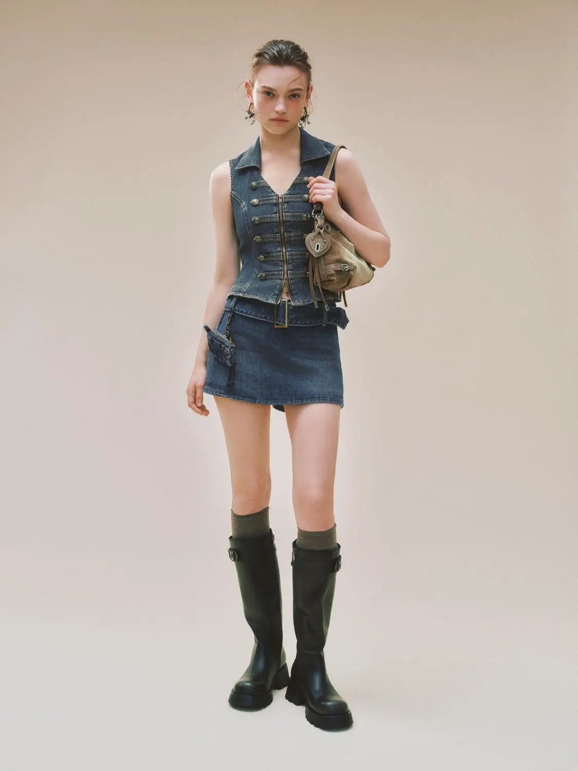 Fitted Zip Front Button Trim Shirt Collar Denim Vest