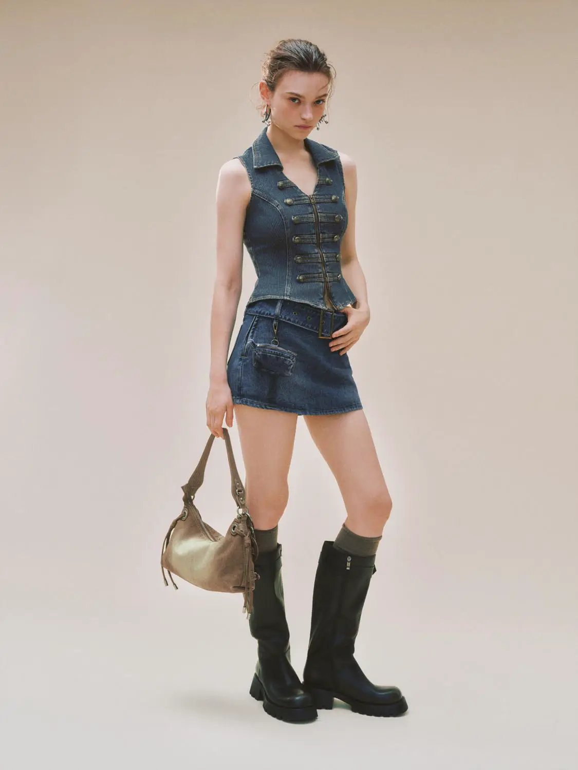 Fitted Zip Front Button Trim Shirt Collar Denim Vest