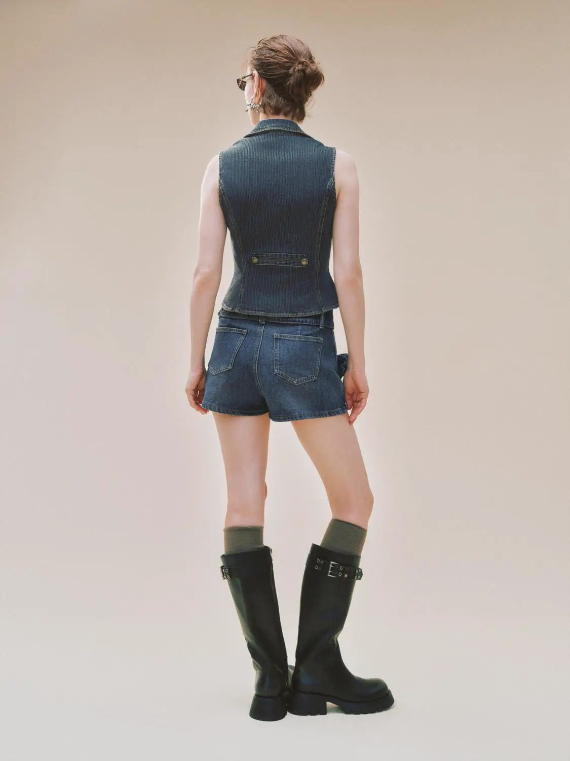 Fitted Zip Front Button Trim Shirt Collar Denim Vest
