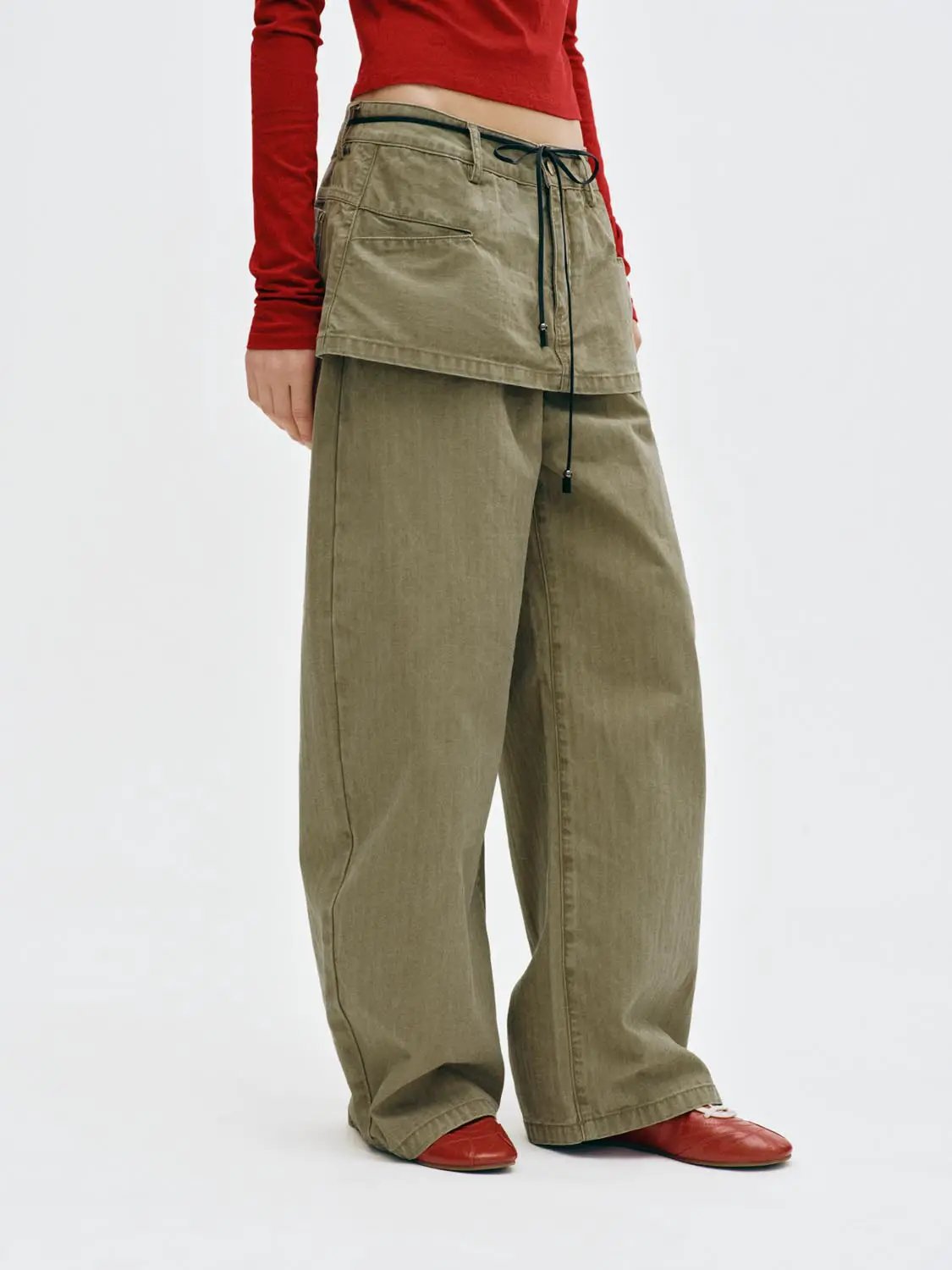 Pleated Drawstring Cotton Wide-leg Pants