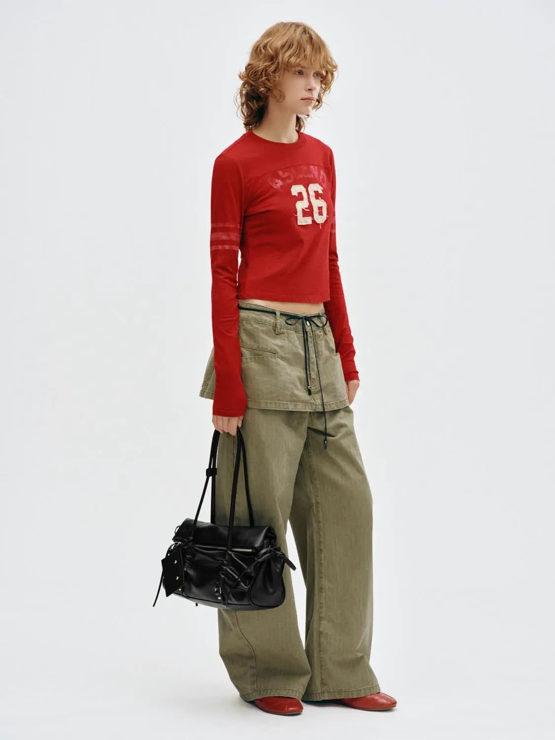 Pleated Drawstring Cotton Wide-leg Pants
