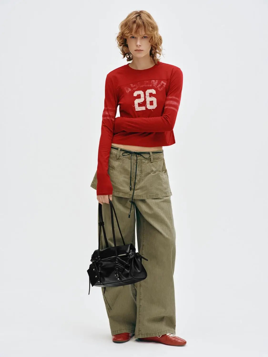 Pleated Drawstring Cotton Wide-leg Pants