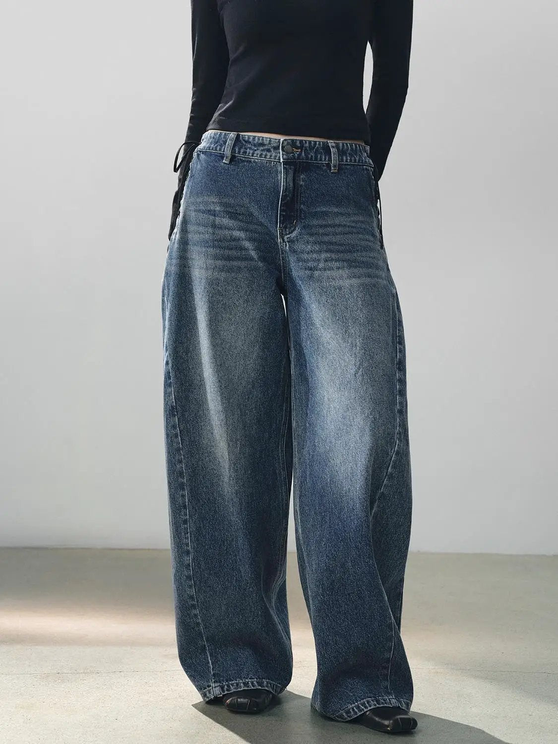 Side Tie Washed Low-rise Wide-leg Cotton Jeans