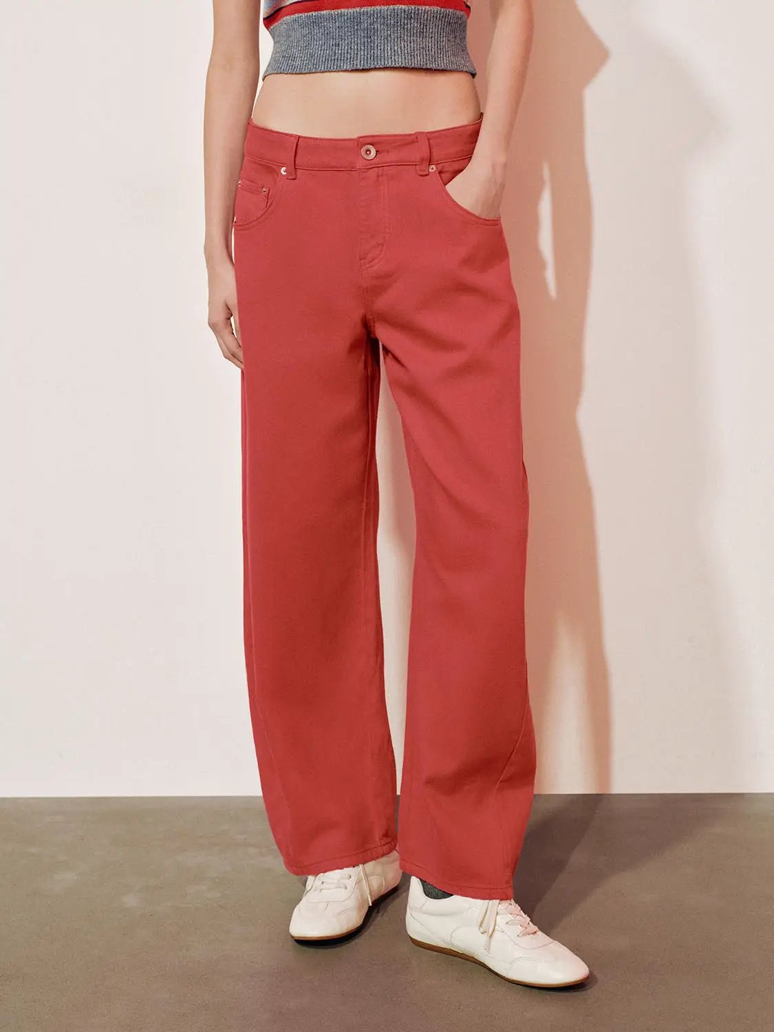 Solid Wide-leg High-waisted Cotton Blend Pants
