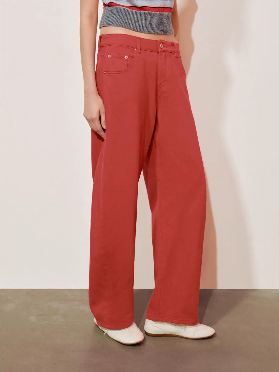 Solid Wide-leg High-waisted Cotton Blend Pants