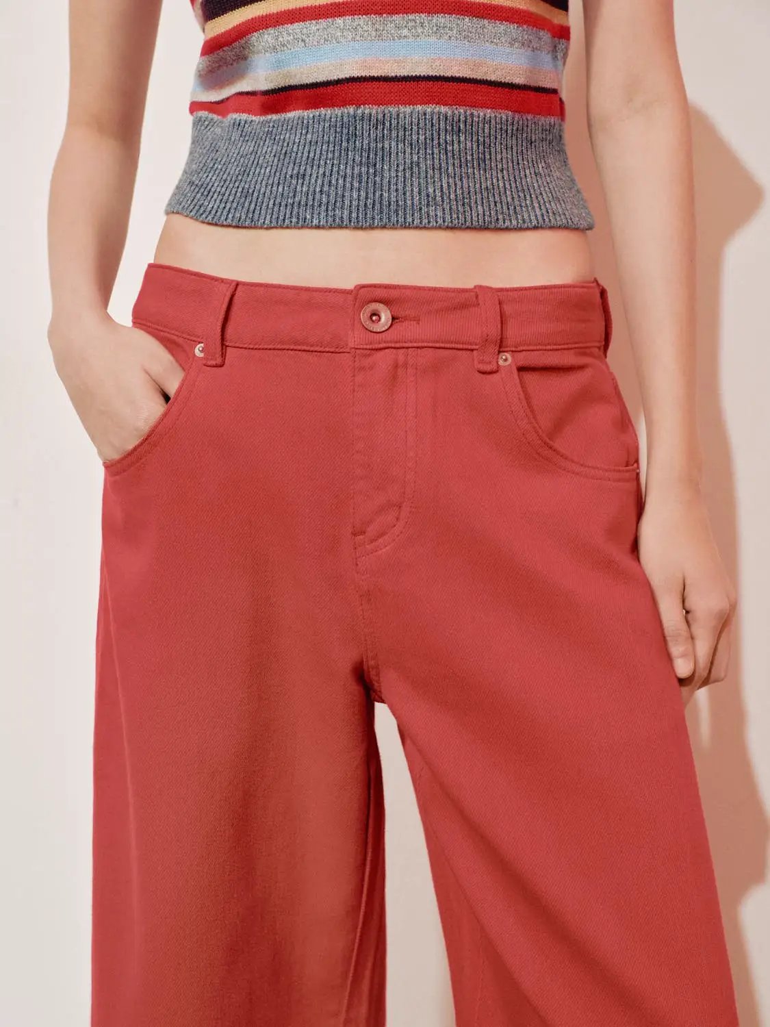 Solid Wide-leg High-waisted Cotton Blend Pants