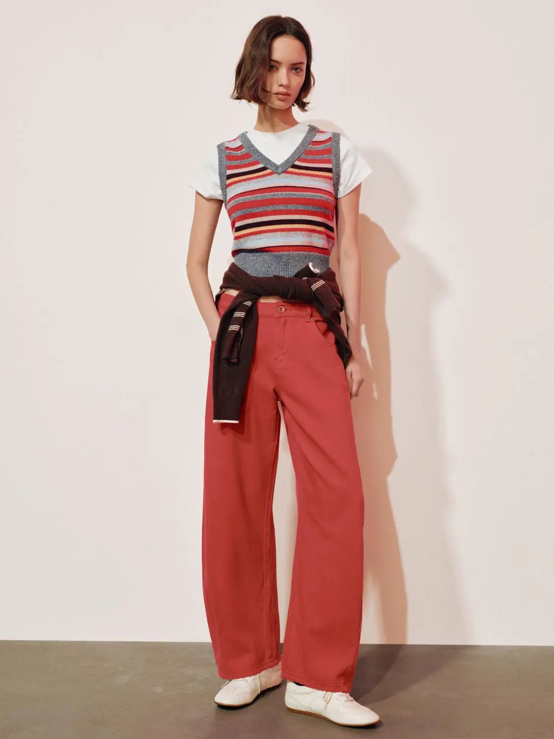 Solid Wide-leg High-waisted Cotton Blend Pants