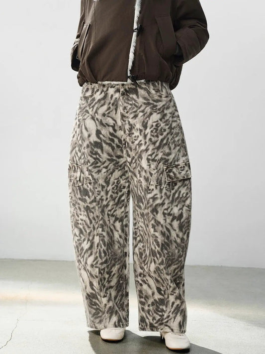 Cargo Animal Print Cotton Wide-leg Pants