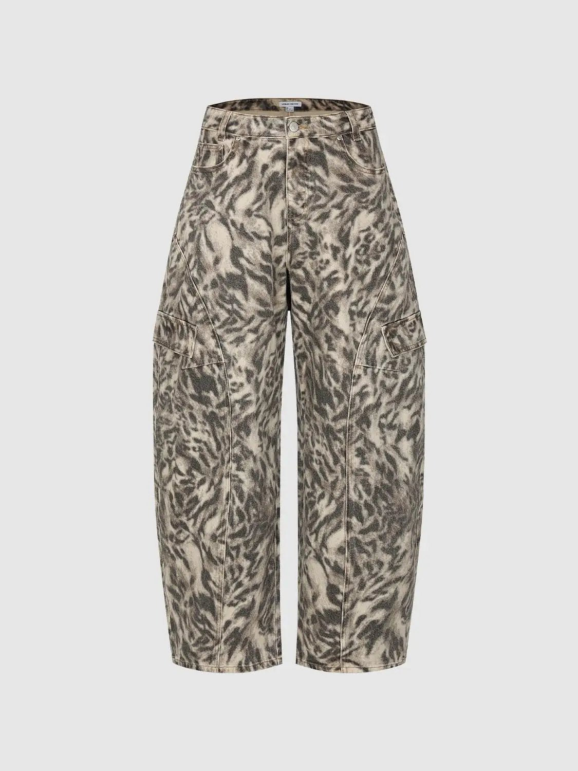 Cargo Animal Print Cotton Wide-leg Pants