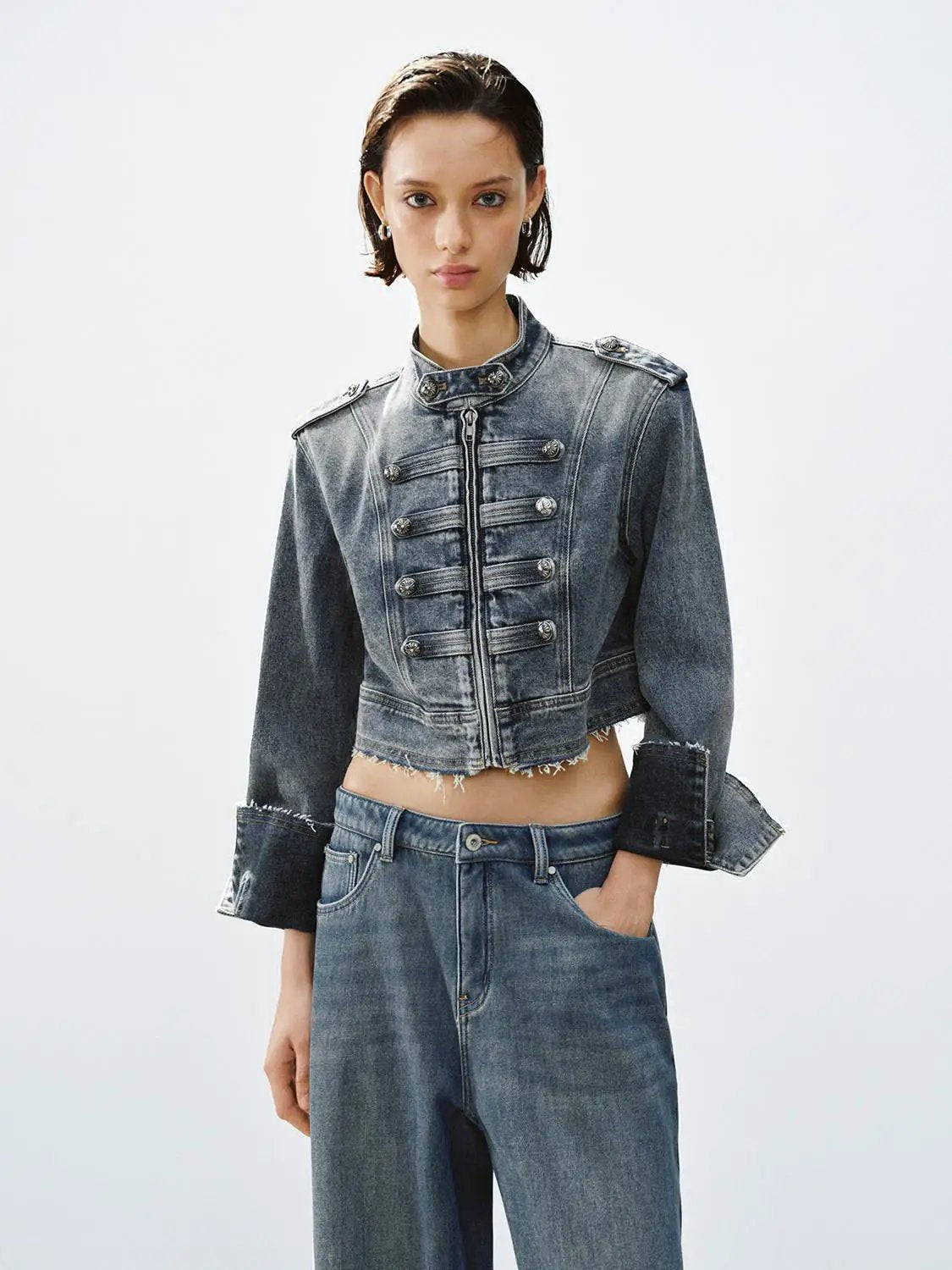 Cropped Raw Hem Stand Collar Long Sleeve Cotton Jacket