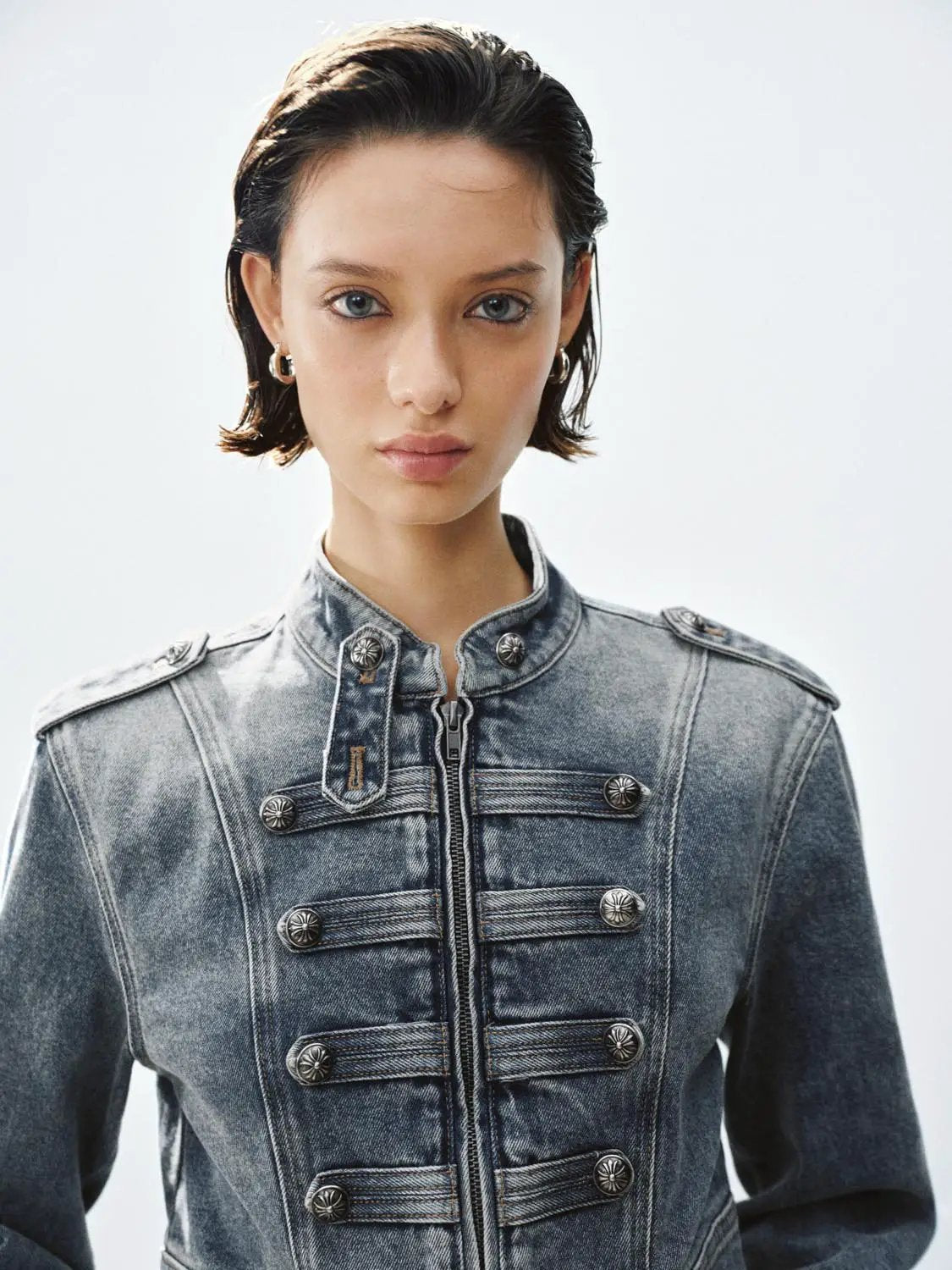 Cropped Raw Hem Stand Collar Long Sleeve Cotton Jacket