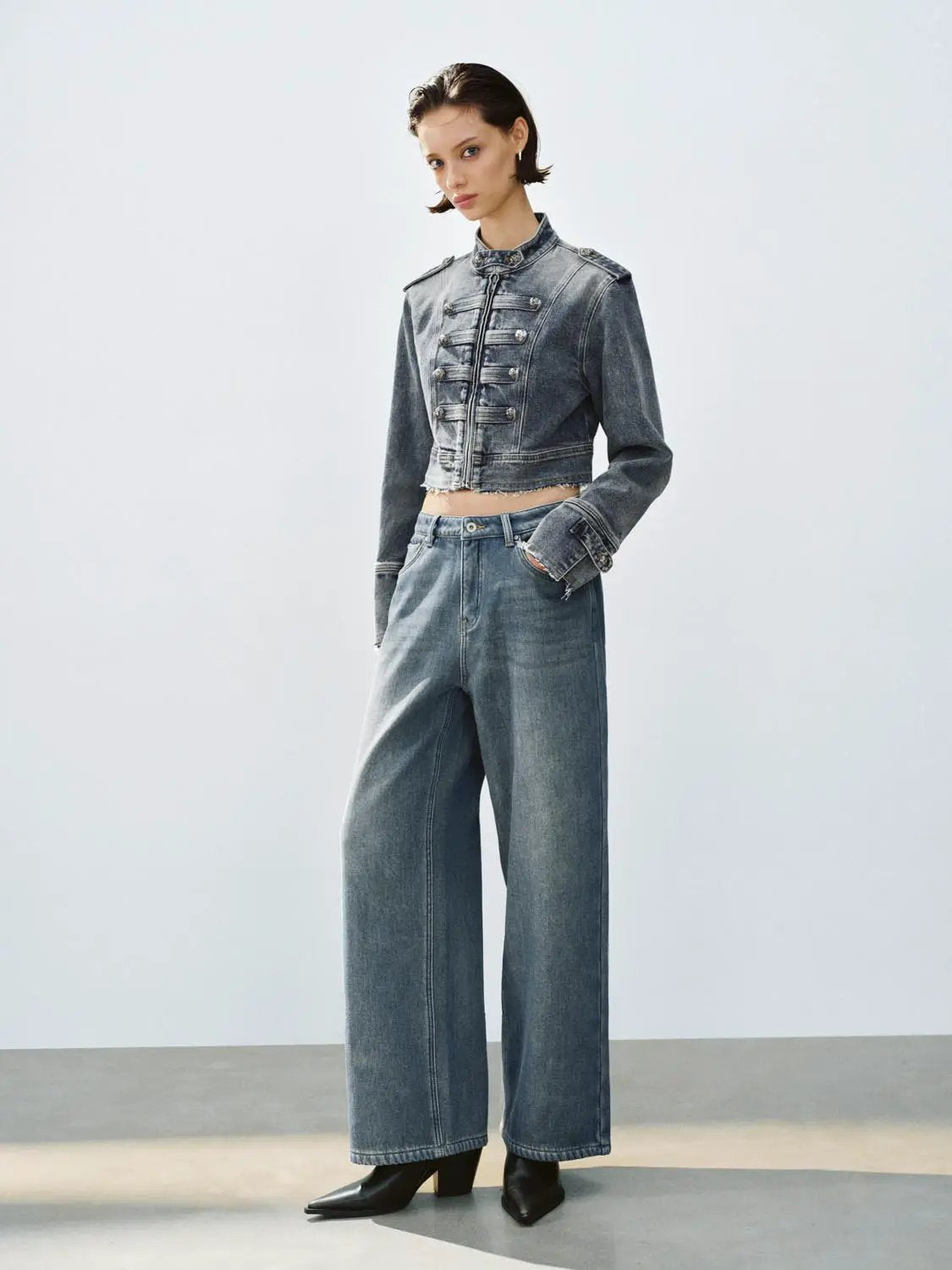 Cropped Raw Hem Stand Collar Long Sleeve Cotton Jacket