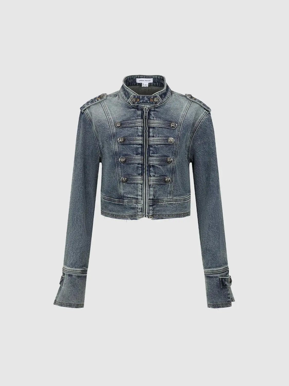 Cropped Raw Hem Stand Collar Long Sleeve Cotton Jacket