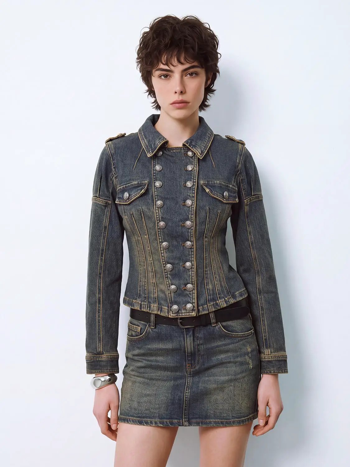 Collared Washed Double-Breasted Long Sleeve Cotton Jacket