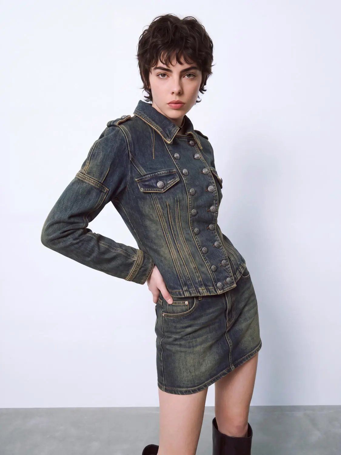 Collared Washed Double-Breasted Long Sleeve Cotton Jacket
