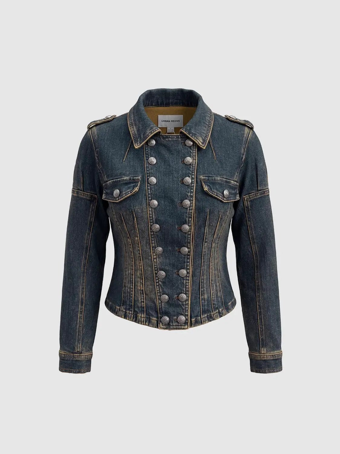 Collared Washed Double-Breasted Long Sleeve Cotton Jacket