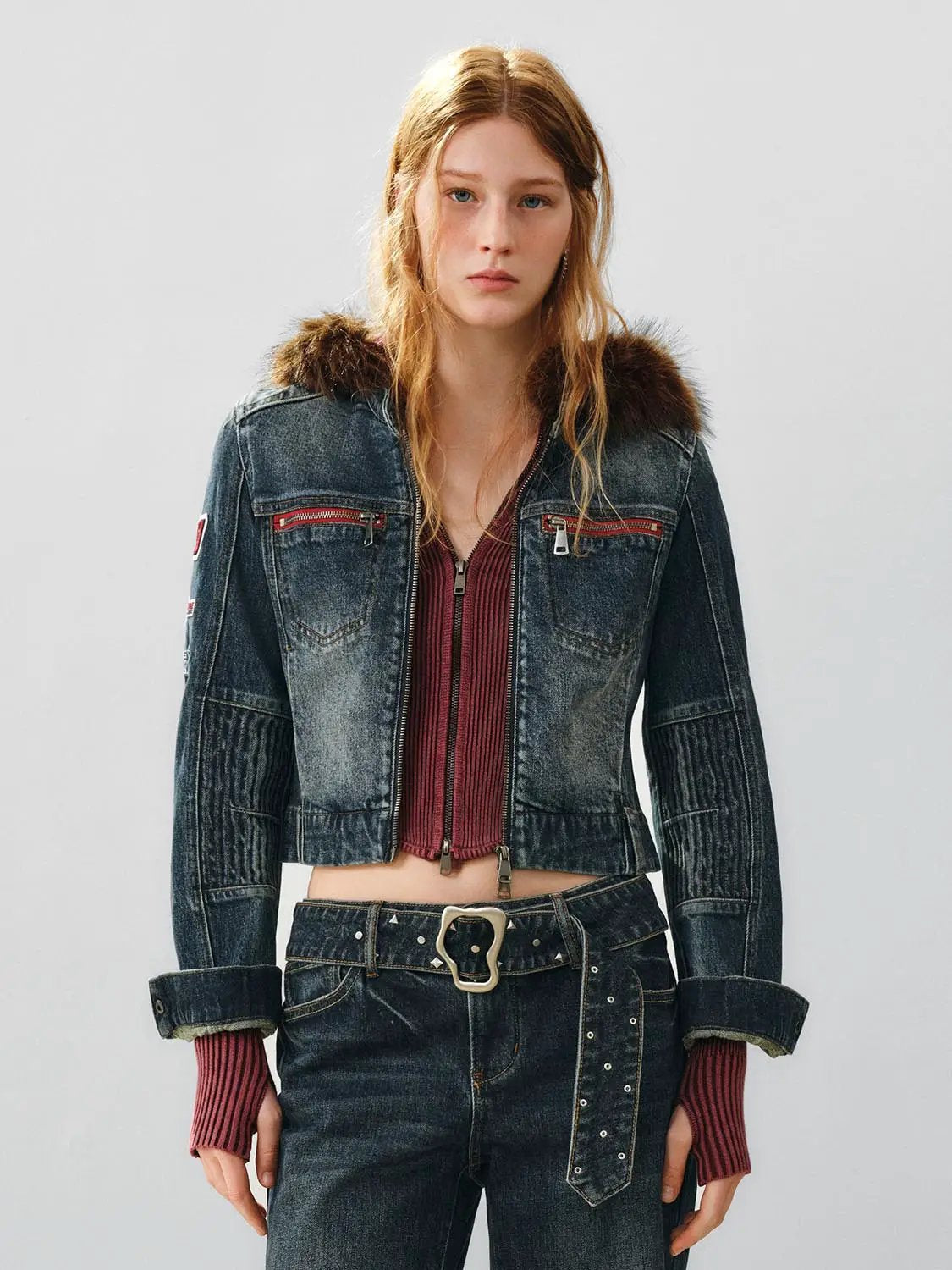 Wash Moto Ribbed Panel Long Sleeve Denim Jacket