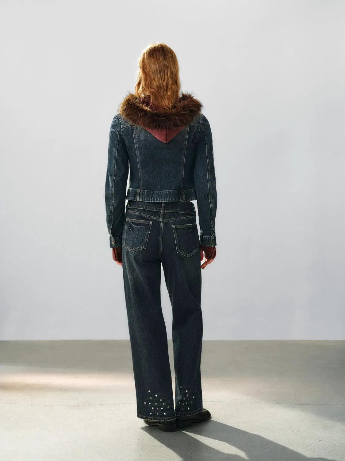 Wash Moto Ribbed Panel Long Sleeve Denim Jacket