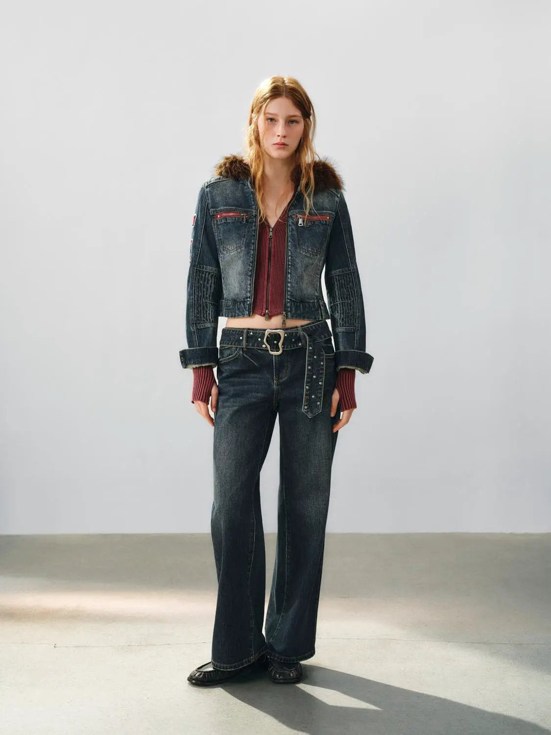Wash Moto Ribbed Panel Long Sleeve Denim Jacket