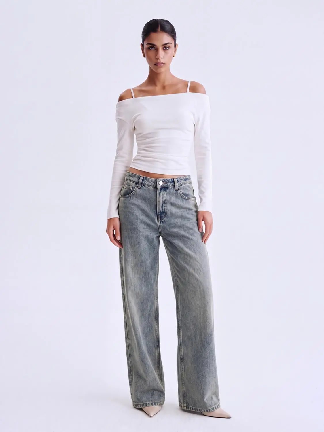 Faded Mid-rise Wide-leg Cotton Jeans