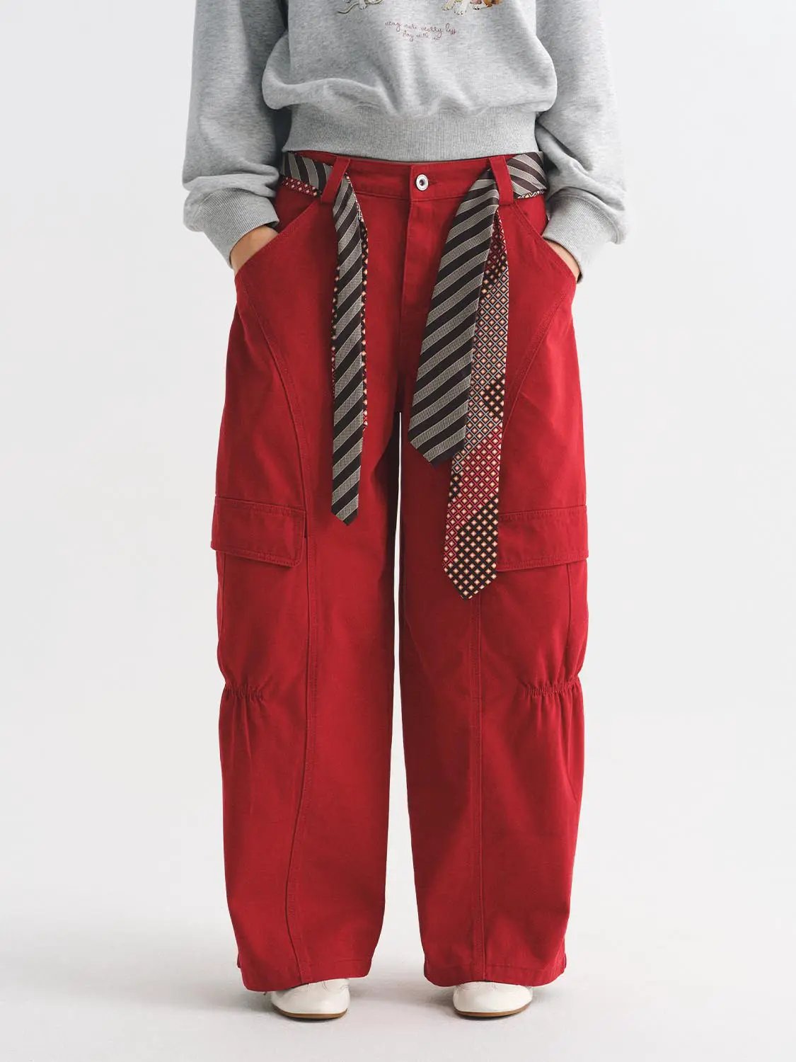 High-waisted Ruched Patterned Tie Waist Wide-leg Cotton Cargo Pants