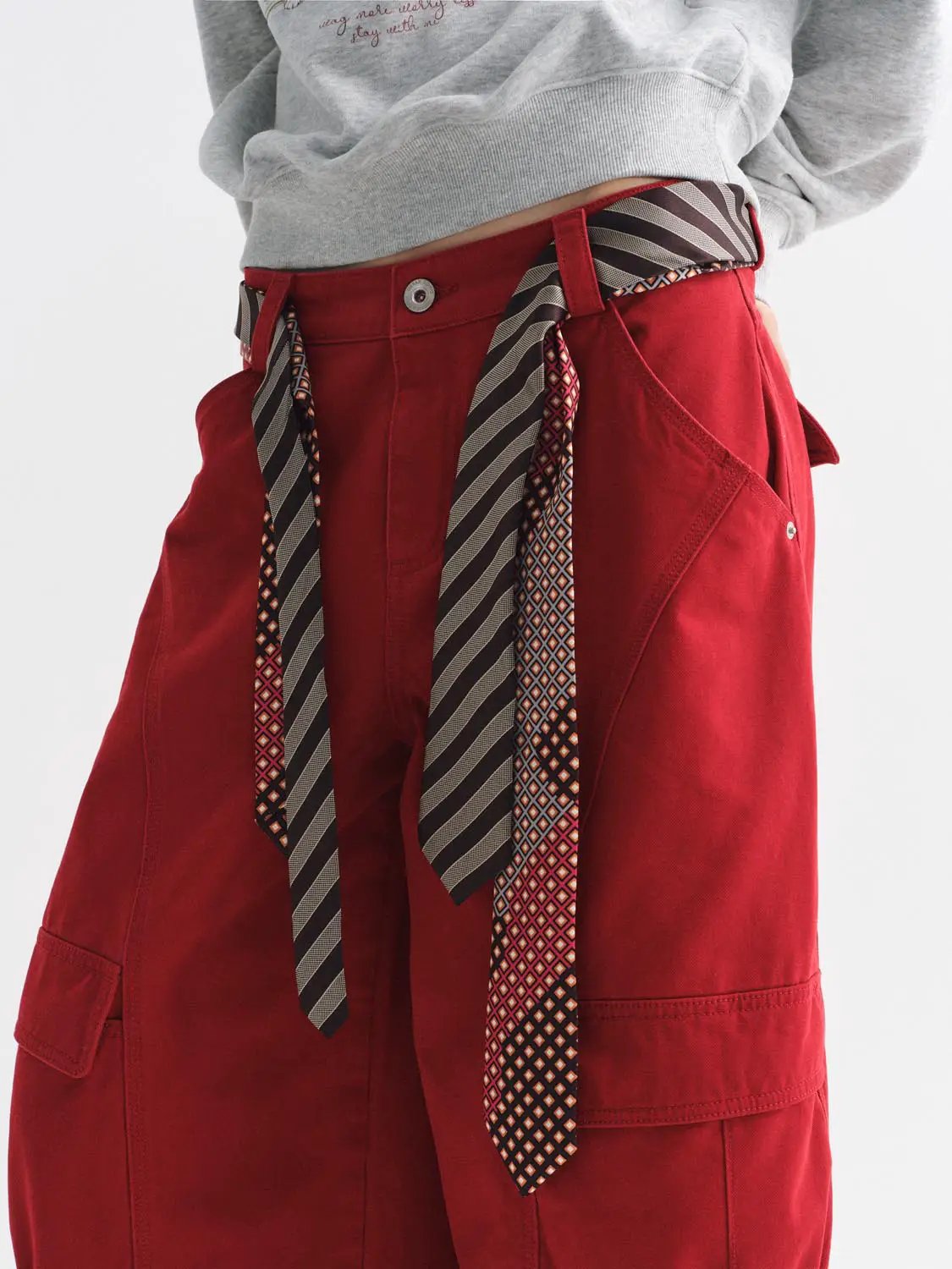High-waisted Ruched Patterned Tie Waist Wide-leg Cotton Cargo Pants